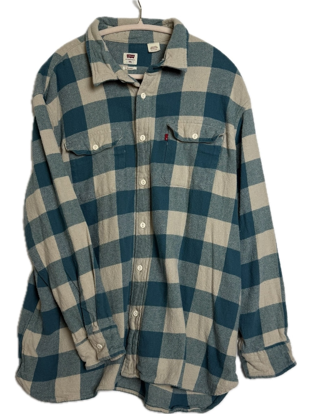 Levi’s Men’s XXL Relaxed Fit Flannel Shirt Teal Cream Buffalo Plaid Cotton